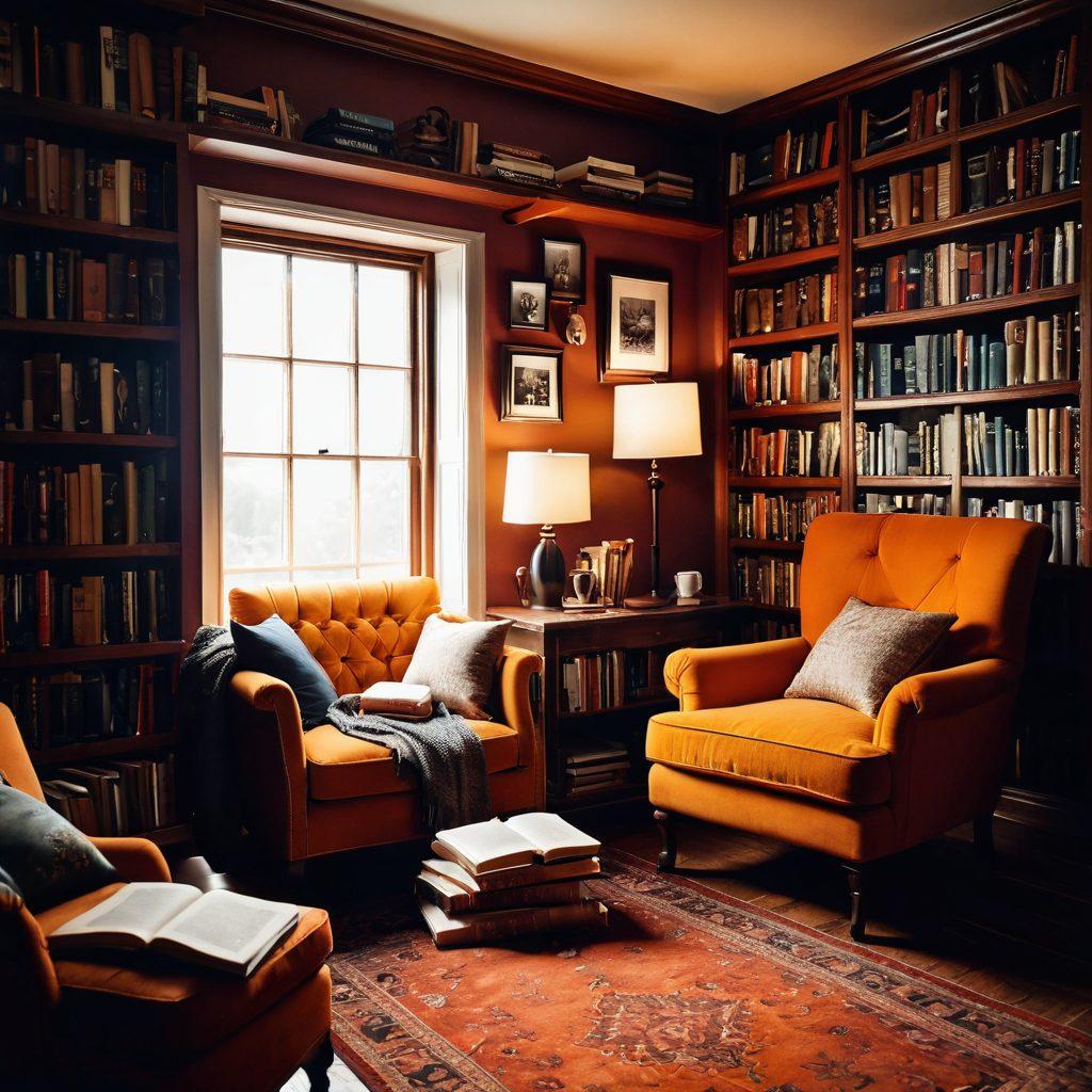 An inviting bookshelf brimming with books of various genres, including fantasy, mystery, romance, and non-fiction. A cozy reading nook with a bright armchair and a steaming cup of tea resting on a stack of books. Soft, ambient lighting creating a warm atmosphere that beckons readers to dive into their next adventure. Elements like reading glasses and a notepad capture the essence of preparation for reading challenges. super-realistic. warm colors. soft focus.