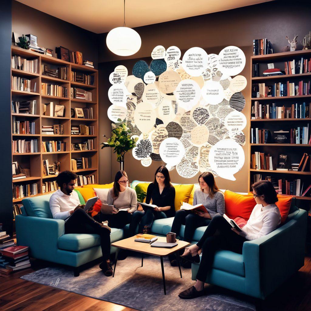 A cozy reading nook with a diverse group of people engaged in lively discussion, surrounded by stacks of books and stylish décor. Creatively illustrated speech bubbles emerge illustrating keywords like 'trends', 'community', and 'insights'. Warm lighting that invites a sense of connection and collaboration. A blend of literary elements like quills and ink, along with modern tech devices like tablets scattered around. vibrant colors. cozy atmosphere. 3D.