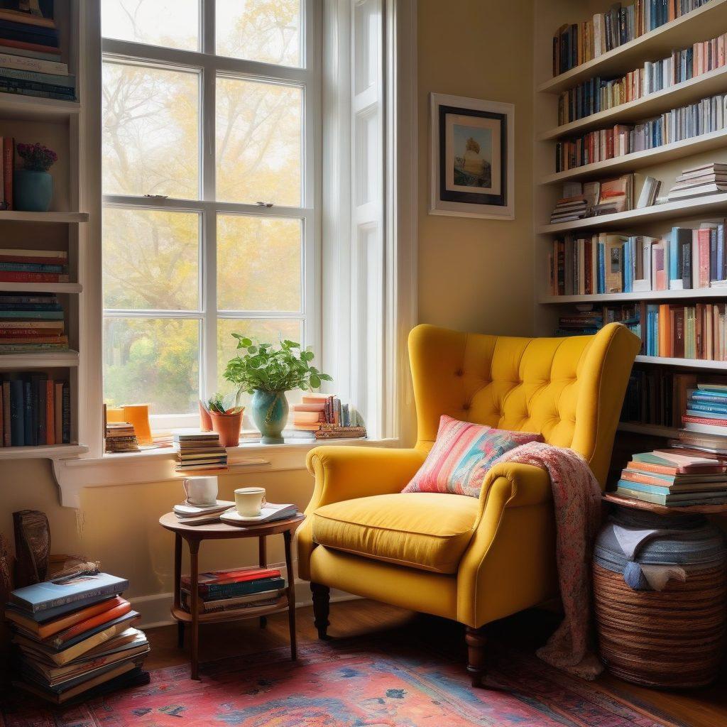 A cozy reading nook with a plush armchair, surrounded by stacks of colorful books representing new releases and literary trends. An open window reveals a sunny day, inviting readers outside, while a diverse group of whispering friends engage in a lively discussion about their favorite reads. Include a steaming cup of tea on a side table, emphasizing the comforting atmosphere. painting. vibrant colors. soft lighting.